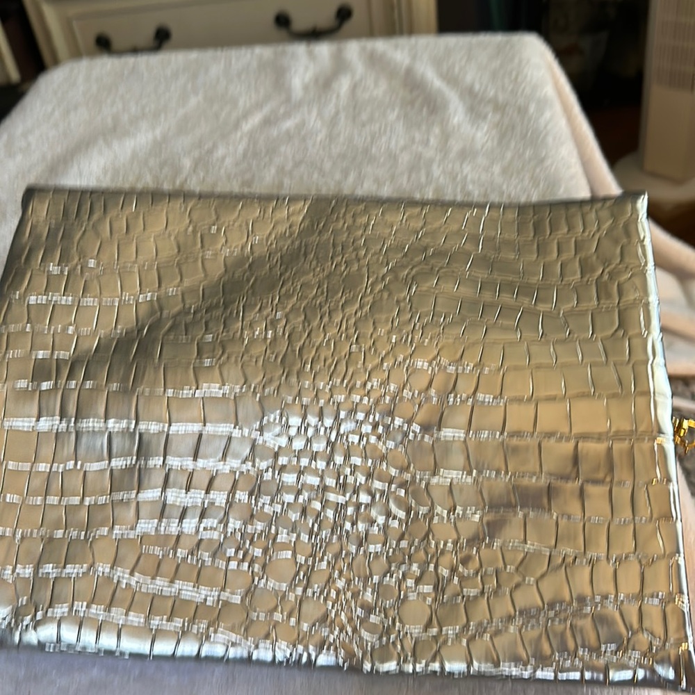 Large makeup junkie bag silver with pink zipper and pink inside